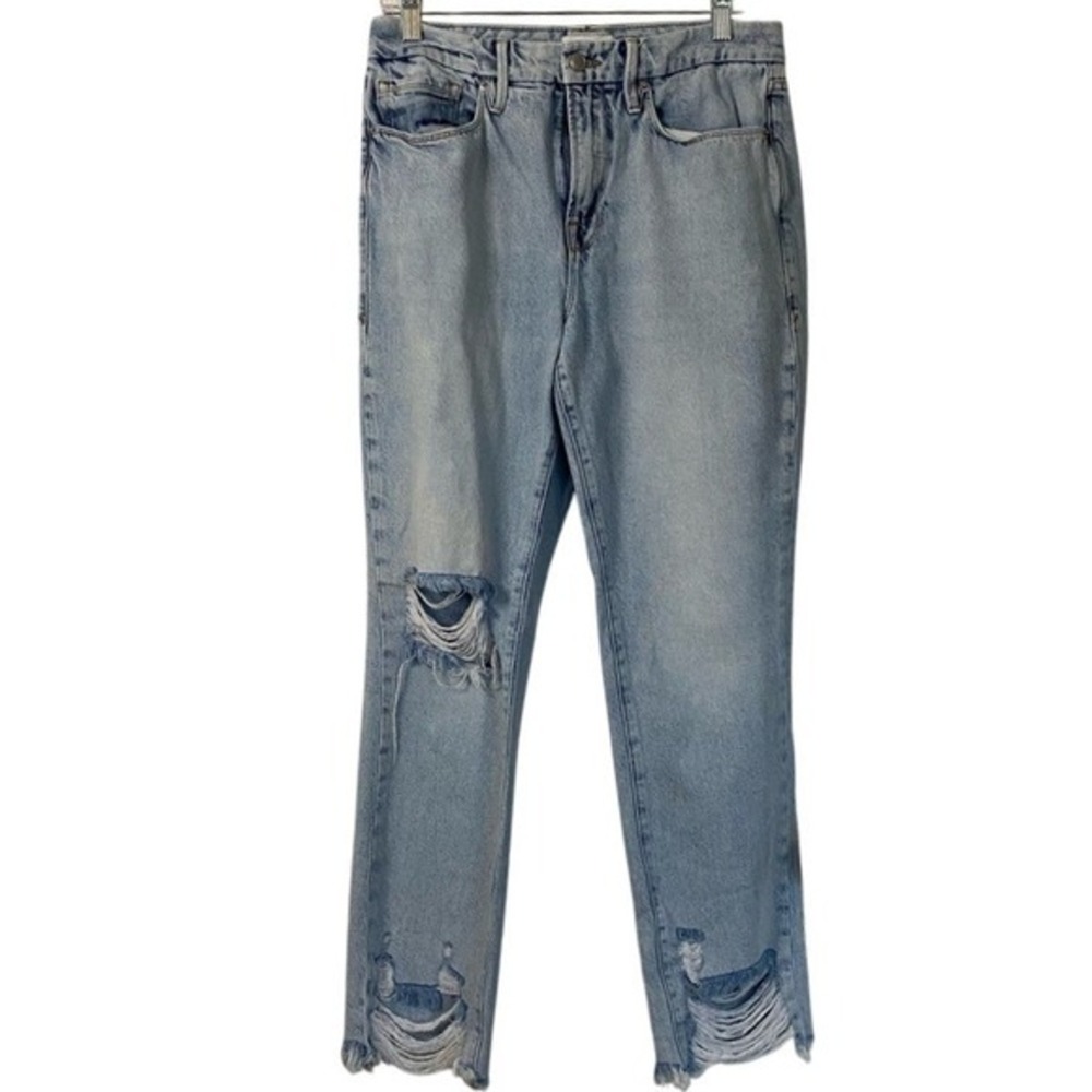 Good American Distressed Ripped Hem Jeans Light Wash Denim Sz 4/27